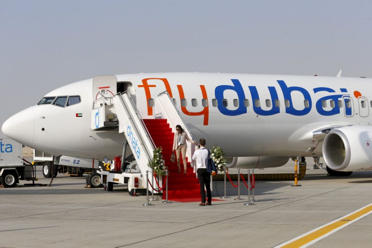 A Flydubai plane is pictured at the Dubai Airshow in this November 8 2015