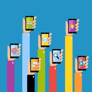 Collection of hands using mobile smartphone with business applications and social media content isolated vector illustration