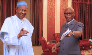 National Chairman APC Chief Odigie Oyegun with President Muhammadu Buhari at the State House Abuja